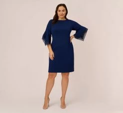 Adrianna Papell Plus Size Knit Crepe And Organza Tiered Sleeve Dress In Navy Sateen -Adrianna Papell Shop AP1D104631 AK412 Plus Front