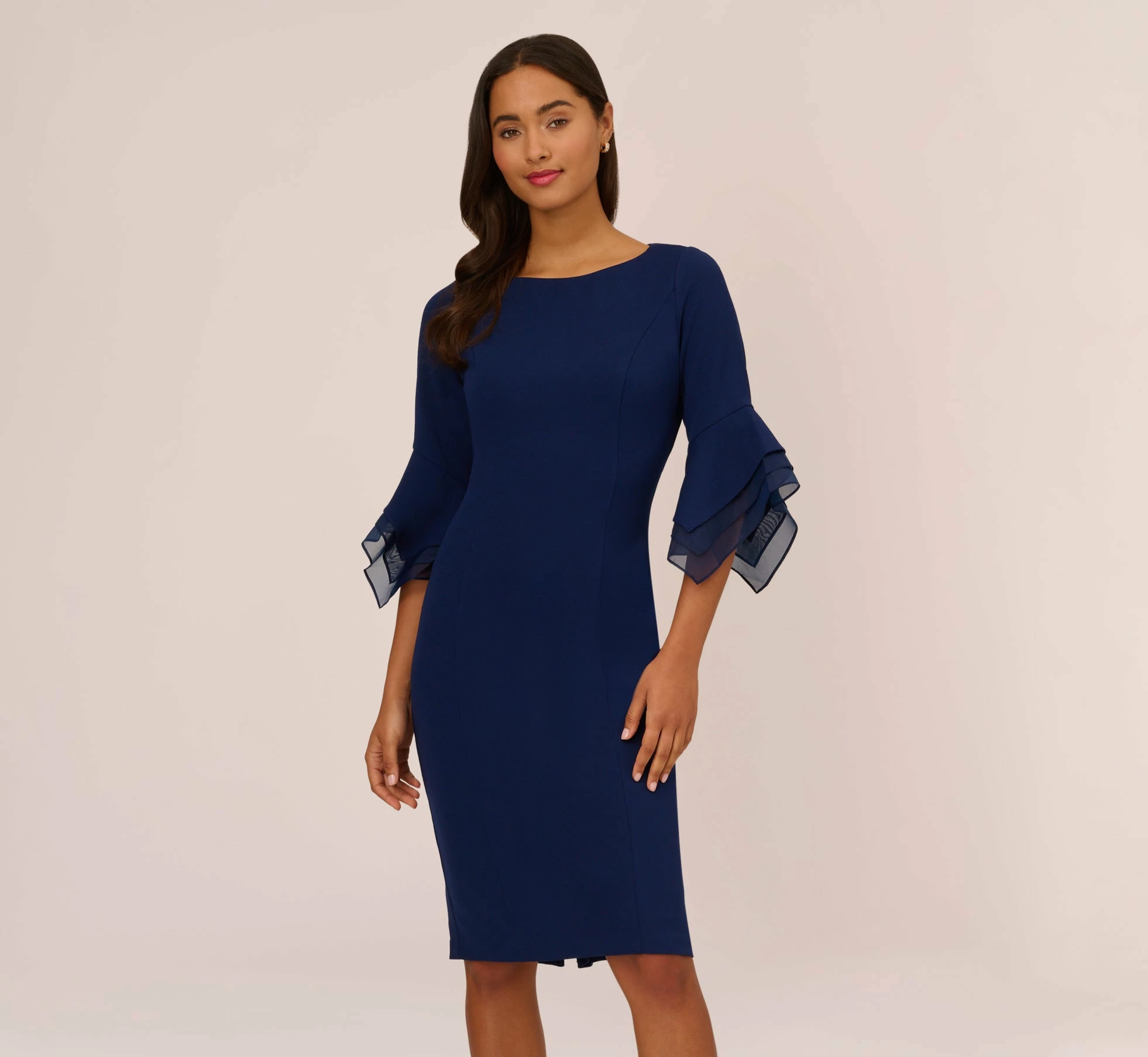 Adrianna Papell Knit Crepe And Organza Tiered Sleeve Dress In Navy Sateen 1 Adrianna Papell Knit Crepe And Organza Tiered Sleeve Dress In Navy Sateen