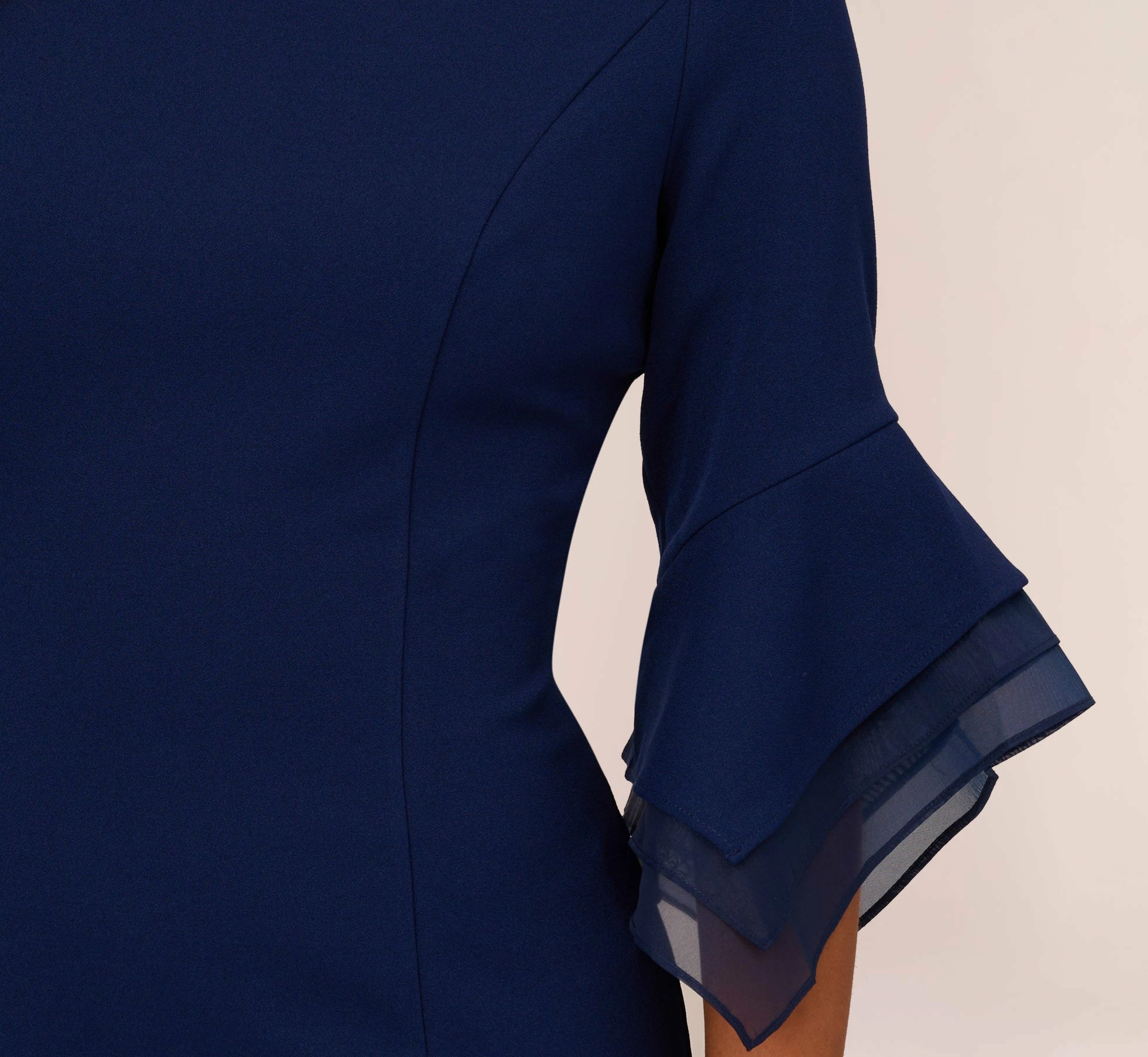 Adrianna Papell Knit Crepe And Organza Tiered Sleeve Dress In Navy Sateen 5 Adrianna Papell Knit Crepe And Organza Tiered Sleeve Dress In Navy Sateen - Image 5