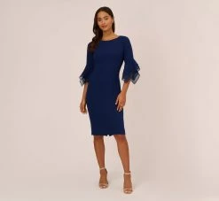 Adrianna Papell Knit Crepe And Organza Tiered Sleeve Dress In Navy Sateen 13 Adrianna Papell Knit Crepe And Organza Tiered Sleeve Dress In Navy Sateen -Adrianna Papell Shop AP1D104631 AK412 Regular Front