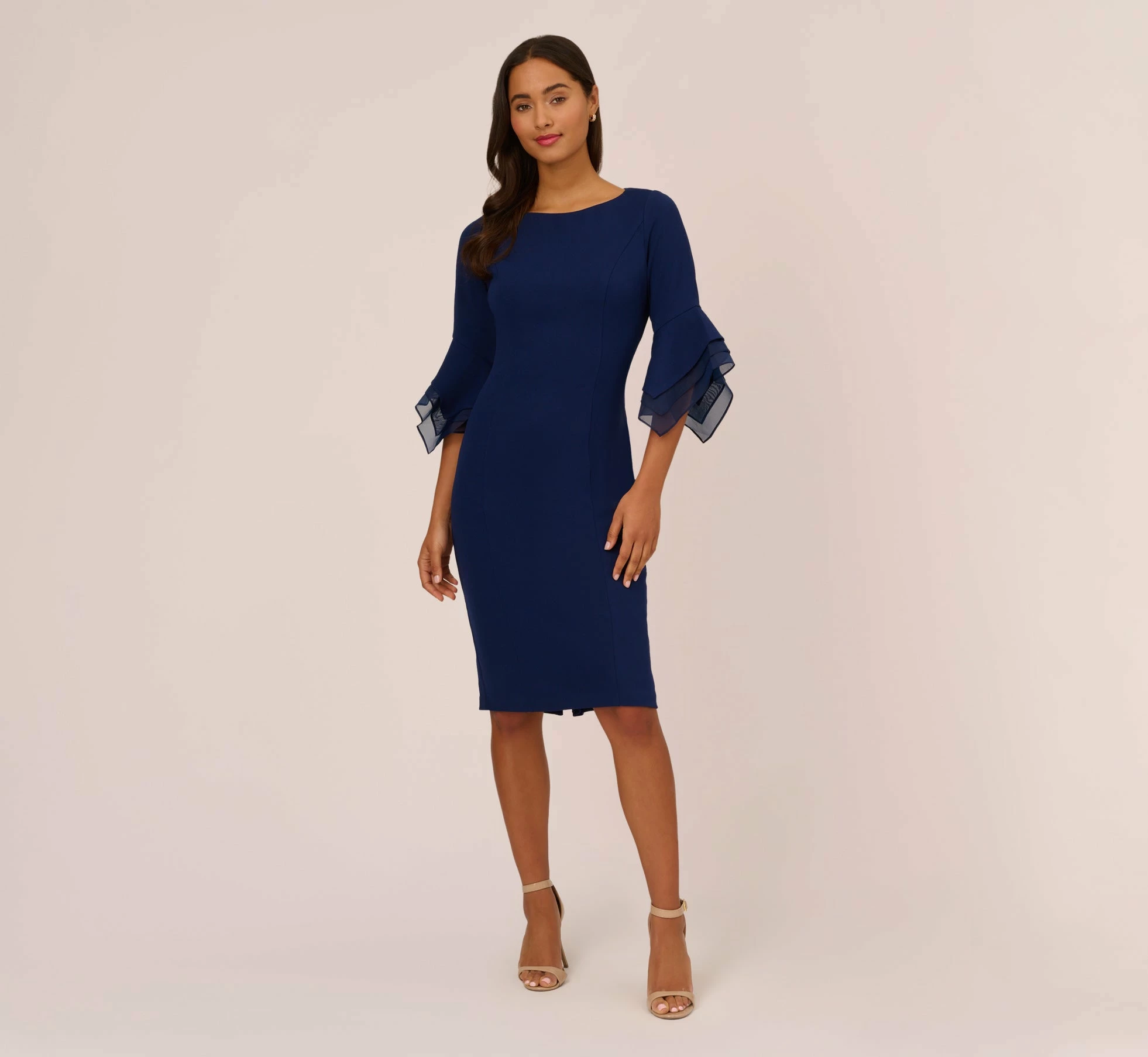 Adrianna Papell Knit Crepe And Organza Tiered Sleeve Dress In Navy Sateen 7 Adrianna Papell Knit Crepe And Organza Tiered Sleeve Dress In Navy Sateen - Image 7