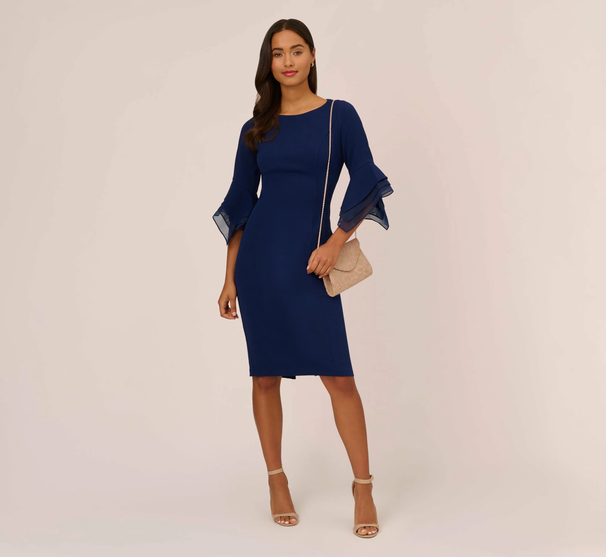 Adrianna Papell Knit Crepe And Organza Tiered Sleeve Dress In Navy Sateen 2 Adrianna Papell Knit Crepe And Organza Tiered Sleeve Dress In Navy Sateen - Image 2