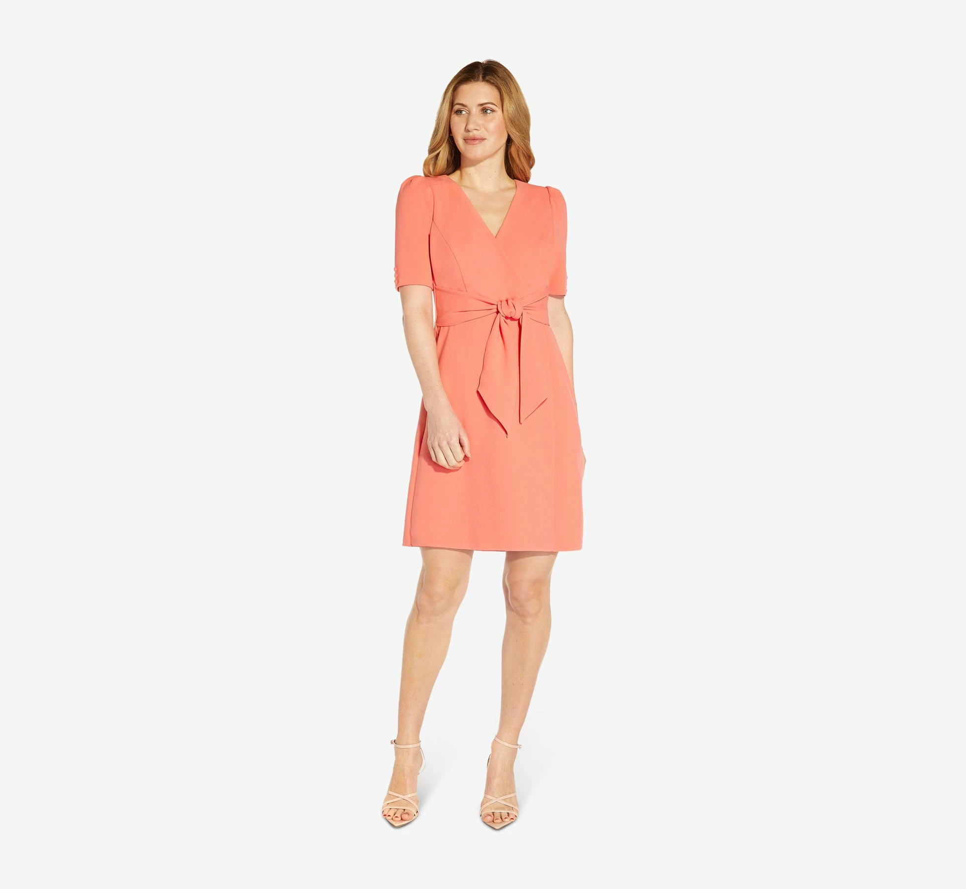 Adrianna Papell Crepe Tie-Front A-Line Short Wrap Dress In Peach Blossom 5 Adrianna Papell Crepe Tie-Front A-Line Short Wrap Dress In Peach Blossom - Image 5
