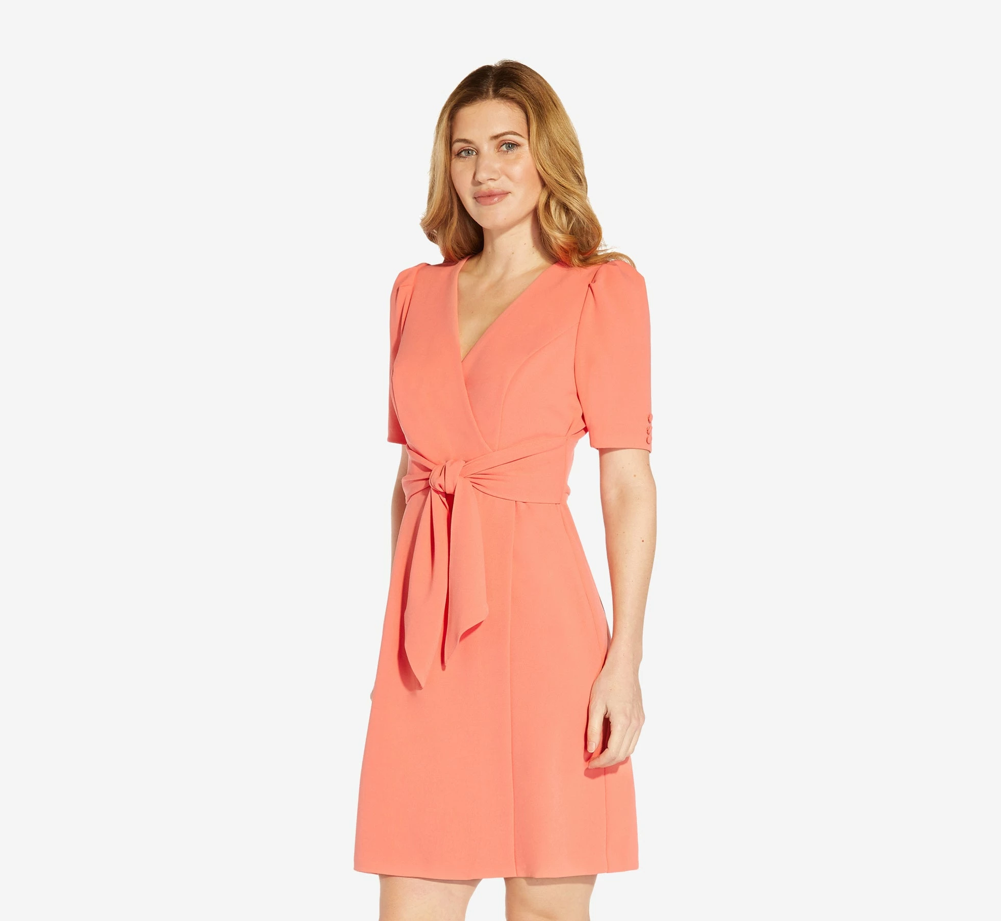 Adrianna Papell Crepe Tie-Front A-Line Short Wrap Dress In Peach Blossom 1 Adrianna Papell Crepe Tie-Front A-Line Short Wrap Dress In Peach Blossom