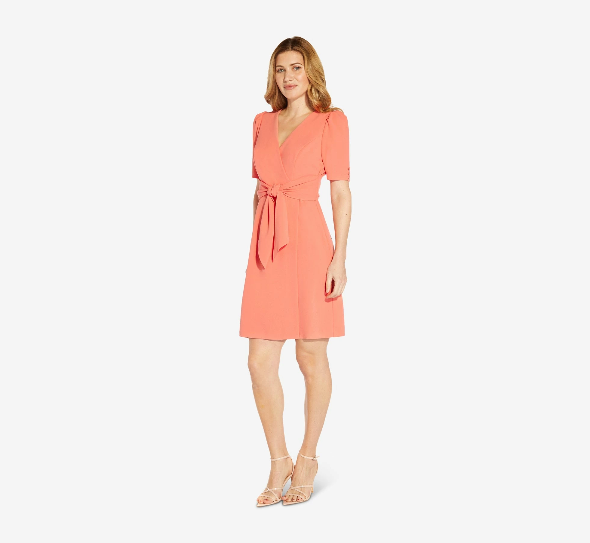 Adrianna Papell Crepe Tie-Front A-Line Short Wrap Dress In Peach Blossom 2 Adrianna Papell Crepe Tie-Front A-Line Short Wrap Dress In Peach Blossom - Image 2