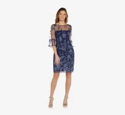 Adrianna Papell Floral Embroidered Sheath Dress With Scalloped Detail In Midnight Multi -Adrianna Papell Shop AP1D104637 AE489 Regular Side