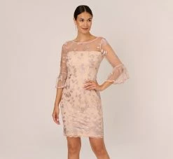 Adrianna Papell Floral Embroidered Sheath Dress With Scalloped Detail In Champagne Multi