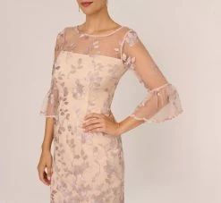 Adrianna Papell Floral Embroidered Sheath Dress With Scalloped Detail In Champagne Multi -Adrianna Papell Shop AP1D104637 AK920 Regular Detail