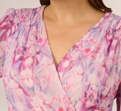 Adrianna Papell Plus Size Floral-Printed Chiffon Short Dress In Pink Multi -Adrianna Papell Shop AP1D104650 AE970 Plus Detail