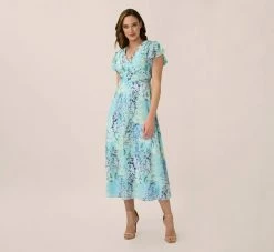 Adrianna Papell Floral-Print Fit-And-Flare Midi-Length Chiffon Dress In Light Blue Multi