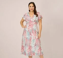 Adrianna Papell Plus Size Floral-Print Fit-And-Flare Midi-Length Chiffon Dress In Aqua Multi
