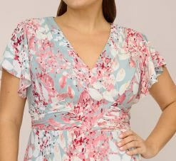 Adrianna Papell Plus Size Floral-Print Fit-And-Flare Midi-Length Chiffon Dress In Aqua Multi -Adrianna Papell Shop AP1D104656 BZ980 Plus Detail