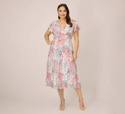 Adrianna Papell Plus Size Floral-Print Fit-And-Flare Midi-Length Chiffon Dress In Aqua Multi -Adrianna Papell Shop AP1D104656 BZ980 Plus Side