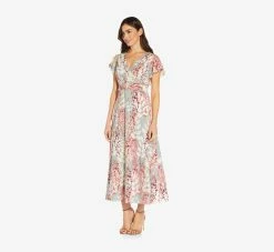 Adrianna Papell Floral-Print Fit-And-Flare Midi-Length Chiffon Dress In Aqua Multi -Adrianna Papell Shop AP1D104656 BZ980 Regular Alternate