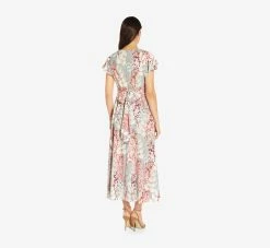 Adrianna Papell Floral-Print Fit-And-Flare Midi-Length Chiffon Dress In Aqua Multi -Adrianna Papell Shop AP1D104656 BZ980 Regular Back