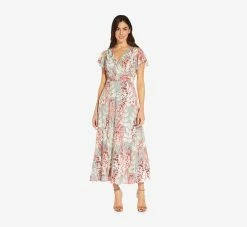 Adrianna Papell Floral-Print Fit-And-Flare Midi-Length Chiffon Dress In Aqua Multi