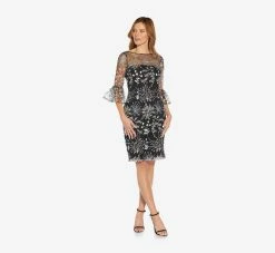 Adrianna Papell Embroidered Three Quarter Sleeve Short Sheath Dress With Bell Sleeves In Blue Multi -Adrianna Papell Shop AP1D104662 AT980 Regular Alternate
