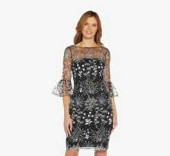 Adrianna Papell Embroidered Three Quarter Sleeve Short Sheath Dress With Bell Sleeves In Blue Multi