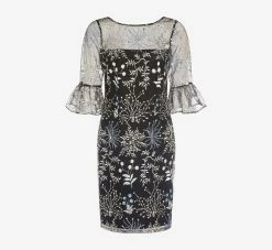 Adrianna Papell Embroidered Three Quarter Sleeve Short Sheath Dress With Bell Sleeves In Blue Multi -Adrianna Papell Shop AP1D104662 AT980 Regular Flat