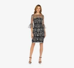 Adrianna Papell Embroidered Three Quarter Sleeve Short Sheath Dress With Bell Sleeves In Blue Multi -Adrianna Papell Shop AP1D104662 AT980 Regular Side