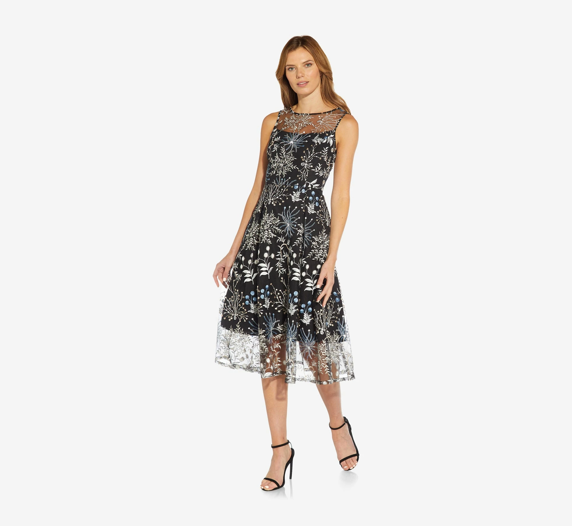 Adrianna Papell Embroidered Midi Length Sleeveless Knit Fit And Flare Dress In Blue Multi 3 Adrianna Papell Embroidered Midi Length Sleeveless Knit Fit And Flare Dress In Blue Multi - Image 3
