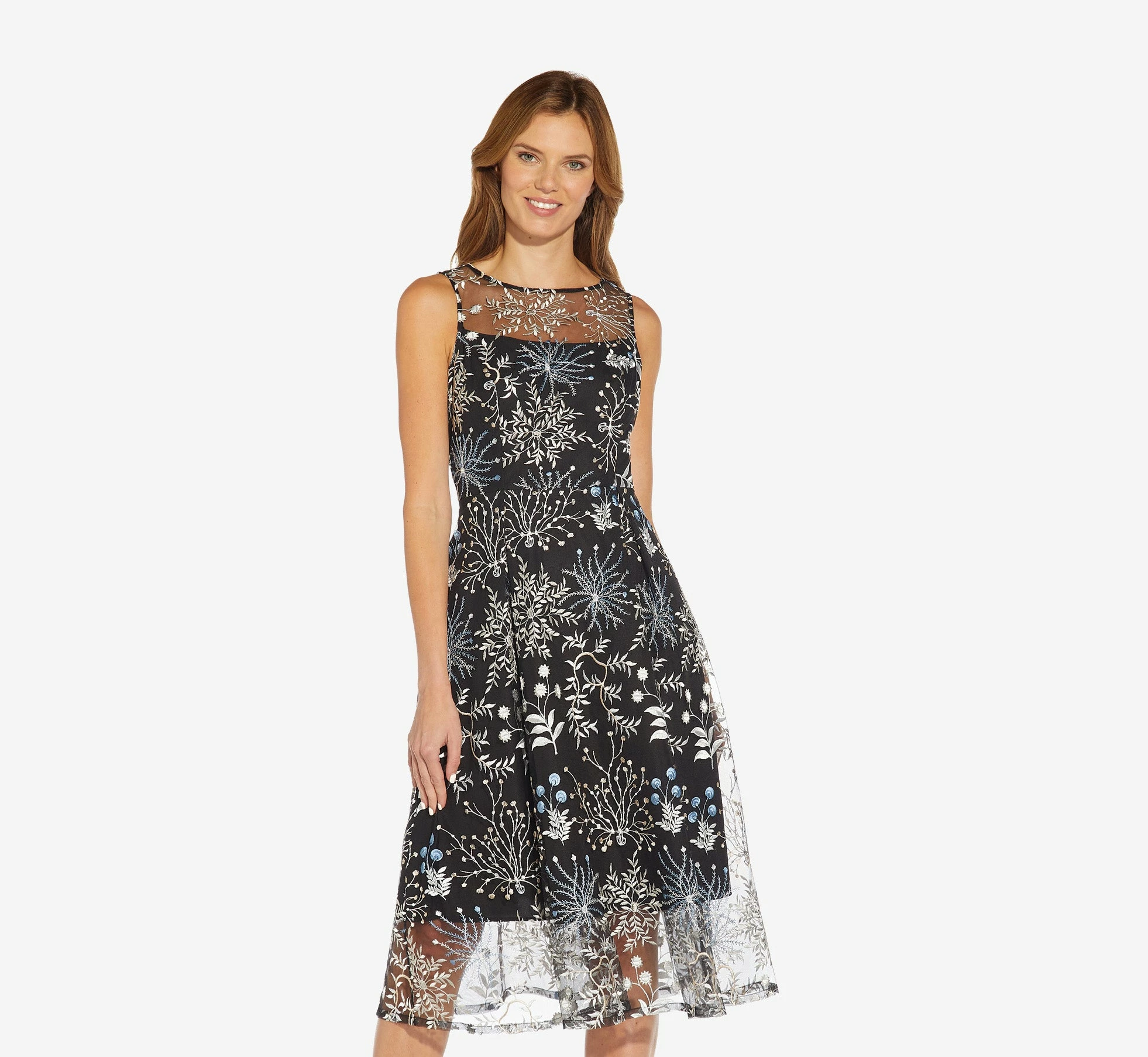 Adrianna Papell Embroidered Midi Length Sleeveless Knit Fit And Flare Dress In Blue Multi 1 Adrianna Papell Embroidered Midi Length Sleeveless Knit Fit And Flare Dress In Blue Multi