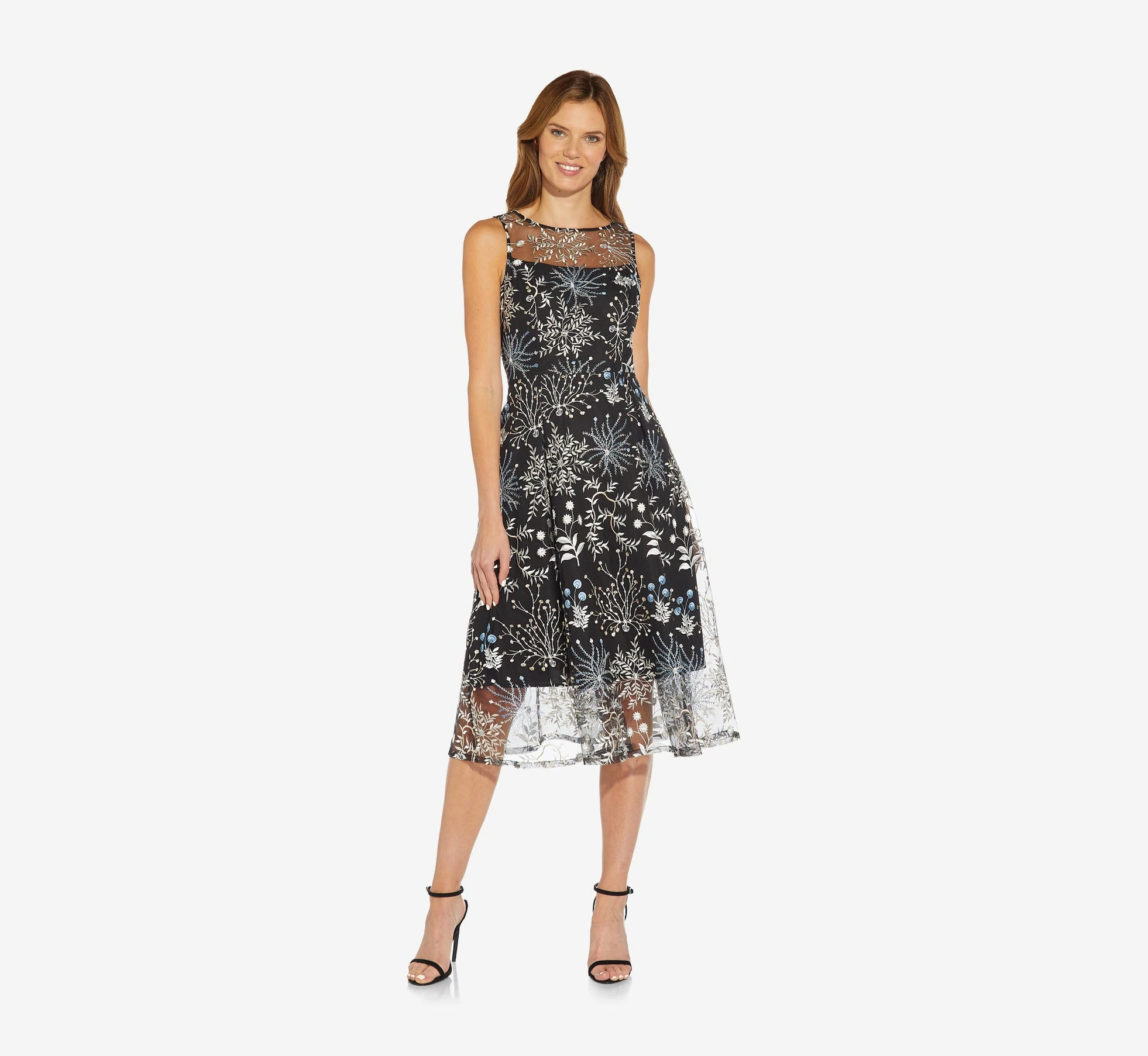 Adrianna Papell Embroidered Midi Length Sleeveless Knit Fit And Flare Dress In Blue Multi 4 Adrianna Papell Embroidered Midi Length Sleeveless Knit Fit And Flare Dress In Blue Multi - Image 4