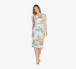Adrianna Papell Metallic Floral Matelasse Midi-Length Sheath Cocktail Dress In Sky Blue Multi -Adrianna Papell Shop AP1D104664 AF986 Regular Side