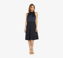 Adrianna Papell Satin Crepe Midi-Length Halter Dress With Keyhole In Dark Navy 7 Adrianna Papell Satin Crepe Midi-Length Halter Dress With Keyhole In Dark Navy -Adrianna Papell Shop AP1D104678 AB010 Regular Alternate