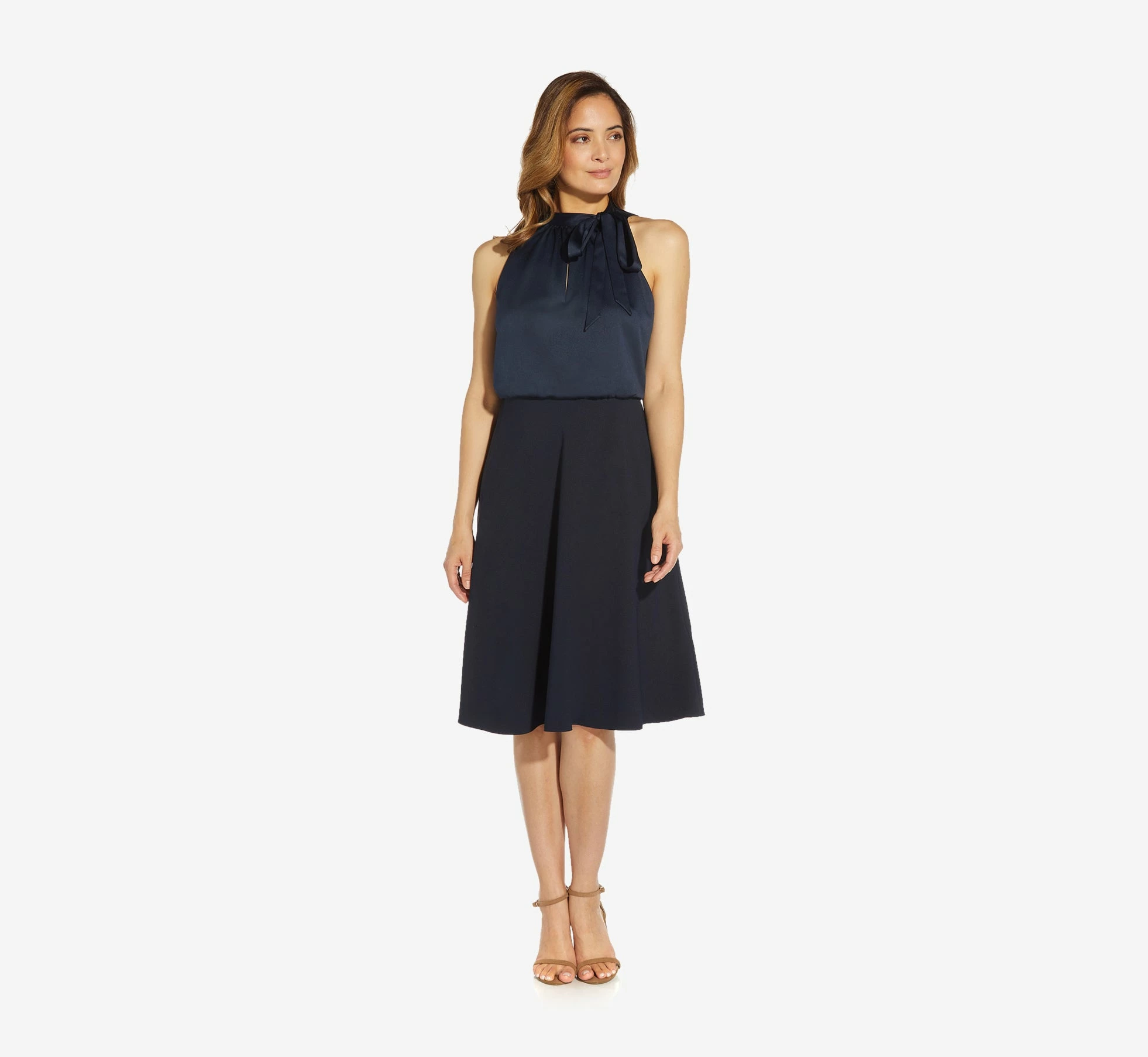 Adrianna Papell Satin Crepe Midi-Length Halter Dress With Keyhole In Dark Navy 3 Adrianna Papell Satin Crepe Midi-Length Halter Dress With Keyhole In Dark Navy - Image 3