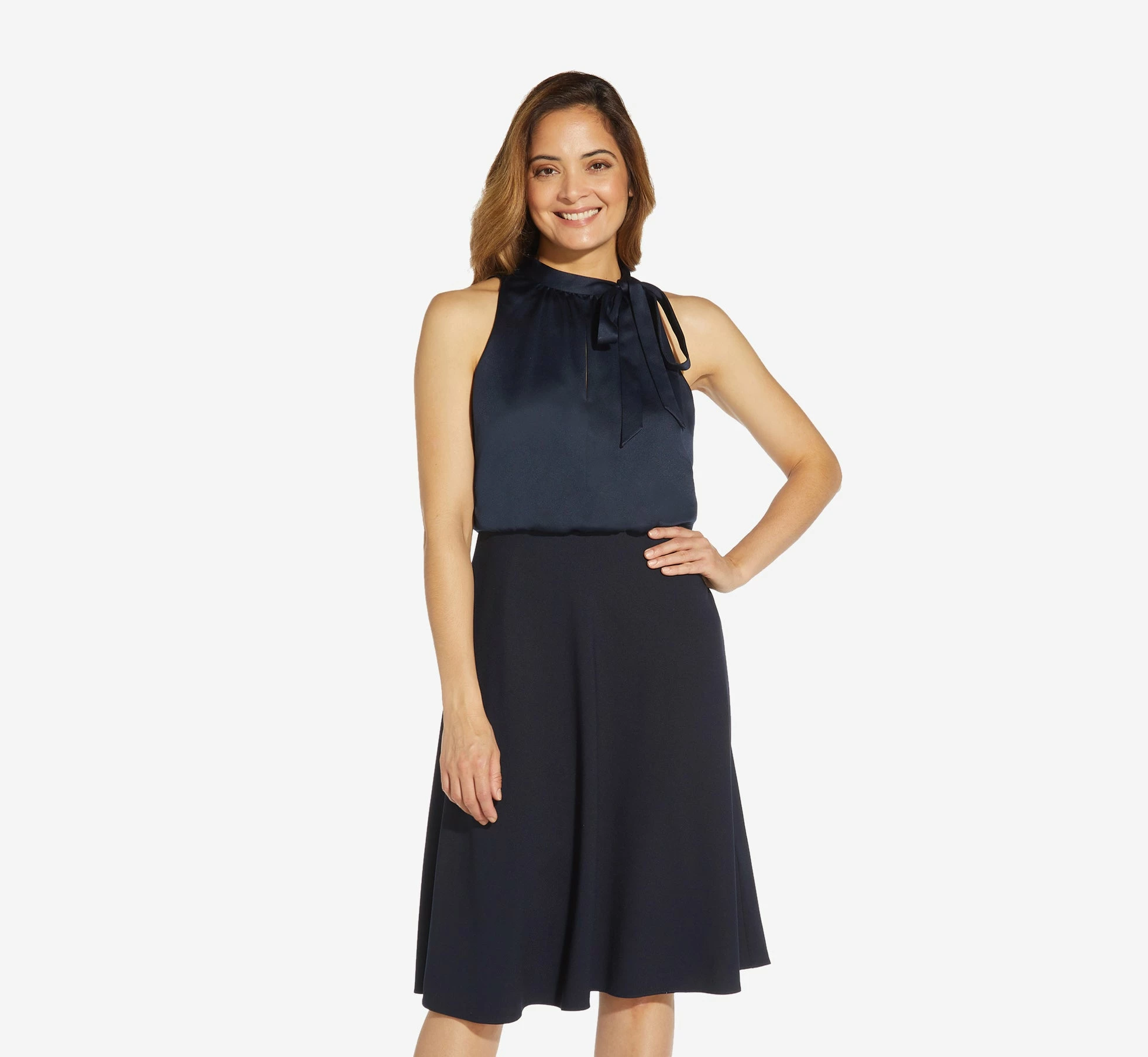Adrianna Papell Satin Crepe Midi-Length Halter Dress With Keyhole In Dark Navy 1 Adrianna Papell Satin Crepe Midi-Length Halter Dress With Keyhole In Dark Navy
