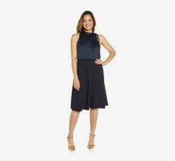 Adrianna Papell Satin Crepe Midi-Length Halter Dress With Keyhole In Dark Navy 8 Adrianna Papell Satin Crepe Midi-Length Halter Dress With Keyhole In Dark Navy -Adrianna Papell Shop AP1D104678 AB010 Regular Side
