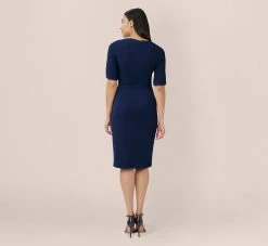 Adrianna Papell Pearl Embellished Knit Crepe Sheath Dress In Navy Sateen -Adrianna Papell Shop AP1D104679 AK412 Regular Back