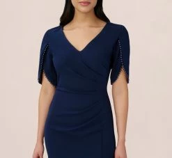 Adrianna Papell Pearl Embellished Knit Crepe Sheath Dress In Navy Sateen -Adrianna Papell Shop AP1D104679 AK412 Regular Detail