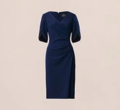 Adrianna Papell Pearl Embellished Knit Crepe Sheath Dress In Navy Sateen -Adrianna Papell Shop AP1D104679 AK412 Regular Flat