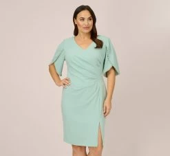 Adrianna Papell Plus Size Pearl Embellished Knit Crepe Sheath Dress In Cloudy Aqua