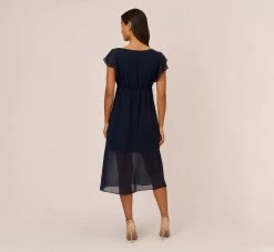 Adrianna Papell Chiffon And Jersey Midi-Length Dress With Side Slits In Navy 9 Adrianna Papell Chiffon And Jersey Midi-Length Dress With Side Slits In Navy -Adrianna Papell Shop AP1D104705 AA412 Regular Back