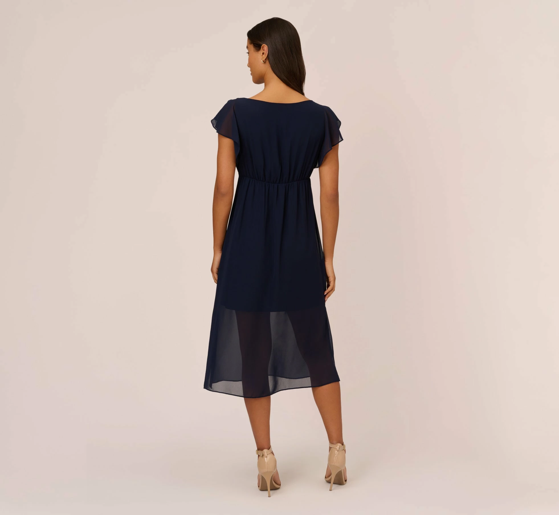 Adrianna Papell Chiffon And Jersey Midi-Length Dress With Side Slits In Navy 4 Adrianna Papell Chiffon And Jersey Midi-Length Dress With Side Slits In Navy - Image 4