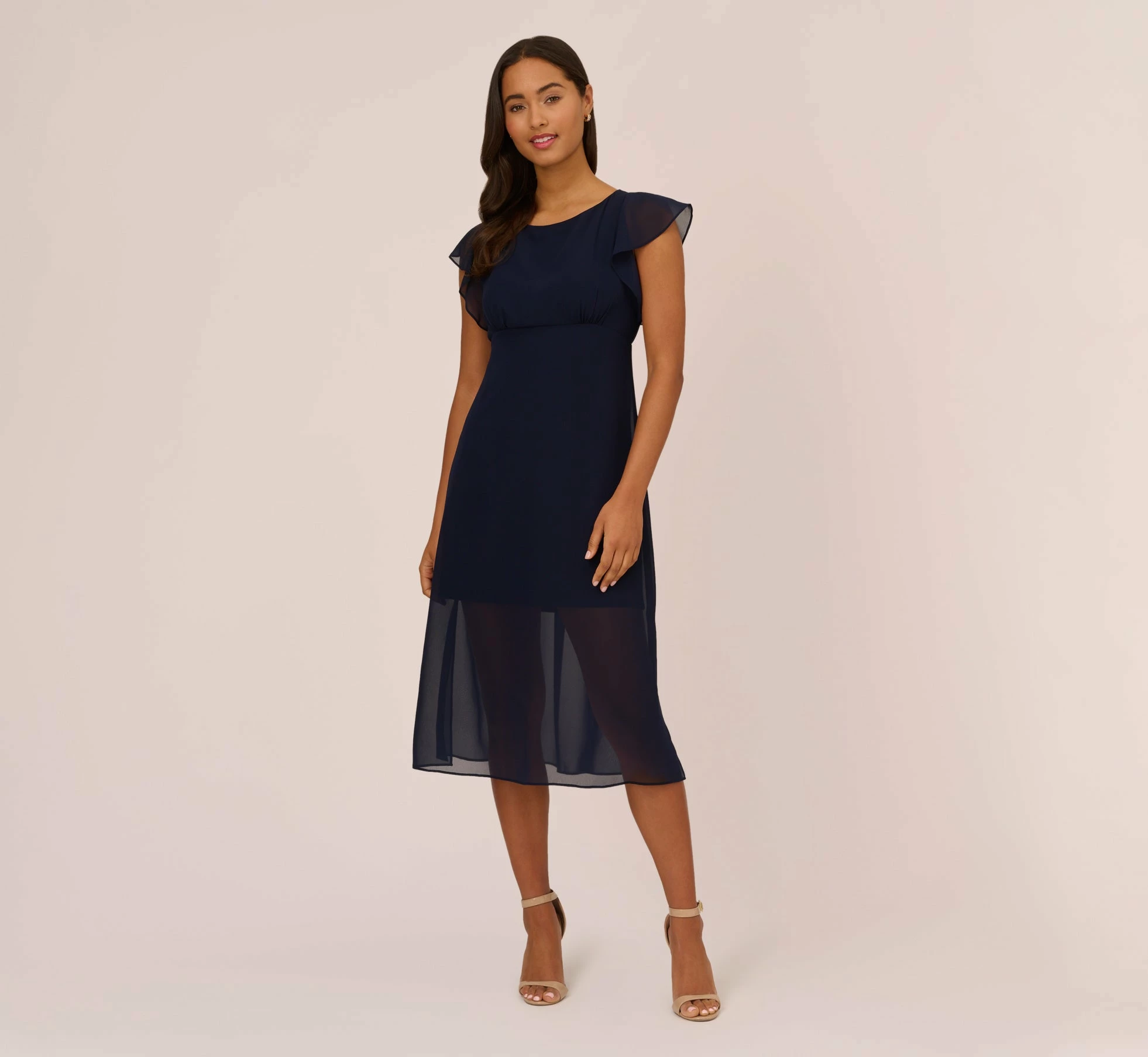 Adrianna Papell Chiffon And Jersey Midi-Length Dress With Side Slits In Navy 1 Adrianna Papell Chiffon And Jersey Midi-Length Dress With Side Slits In Navy