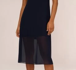 Adrianna Papell Chiffon And Jersey Midi-Length Dress With Side Slits In Navy 10 Adrianna Papell Chiffon And Jersey Midi-Length Dress With Side Slits In Navy -Adrianna Papell Shop AP1D104705 AA412 Regular Lifestyle