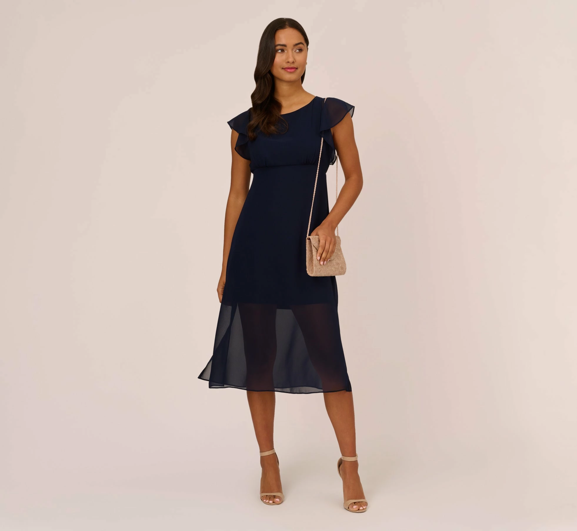 Adrianna Papell Chiffon And Jersey Midi-Length Dress With Side Slits In Navy 2 Adrianna Papell Chiffon And Jersey Midi-Length Dress With Side Slits In Navy - Image 2