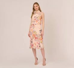 Adrianna Papell Floral-Print Chiffon Midi-Length Blouson Halter Dress In Sandshell Multi