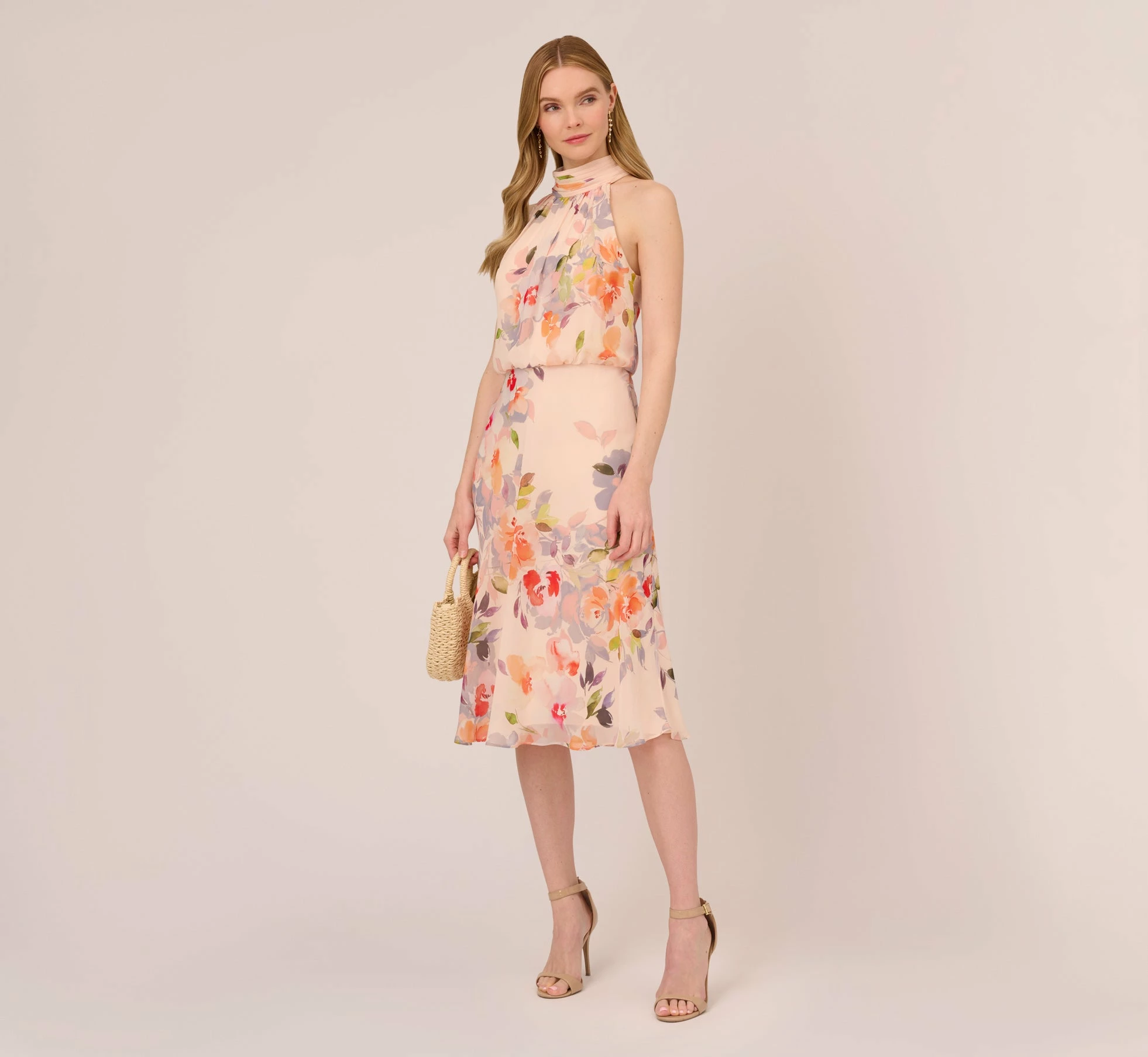 Adrianna Papell Floral-Print Chiffon Midi-Length Blouson Halter Dress In Sandshell Multi 2 Adrianna Papell Floral-Print Chiffon Midi-Length Blouson Halter Dress In Sandshell Multi - Image 2