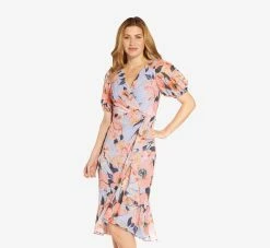 Adrianna Papell Floral-Printed Clip Dot Chiffon Midi-Length Cocktail Dress In Opal Coral Multi