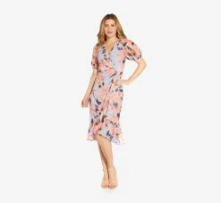 Adrianna Papell Floral-Printed Clip Dot Chiffon Midi-Length Cocktail Dress In Opal Coral Multi -Adrianna Papell Shop AP1D104709 AG498 Regular Side