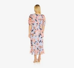 Adrianna Papell Plus Size Floral-Printed Clip Dot Chiffon Midi-Length Cocktail Dress In Opal Coral Multi -Adrianna Papell Shop AP1D104709 AG498 Plus Back