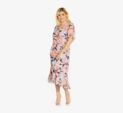 Adrianna Papell Plus Size Floral-Printed Clip Dot Chiffon Midi-Length Cocktail Dress In Opal Coral Multi -Adrianna Papell Shop AP1D104709 AG498 Plus Side