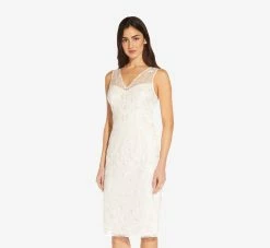 Adrianna Papell Floral Embroidered Midi-Length Sheath Dress In Ivory