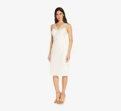 Adrianna Papell Floral Embroidered Midi-Length Sheath Dress In Ivory -Adrianna Papell Shop AP1D104715 AA194 Regular Side