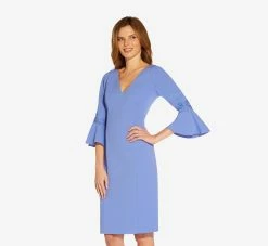 Adrianna Papell Lace-Trim Crepe Short Sheath Dress With Bell Sleeves In Misty Peri